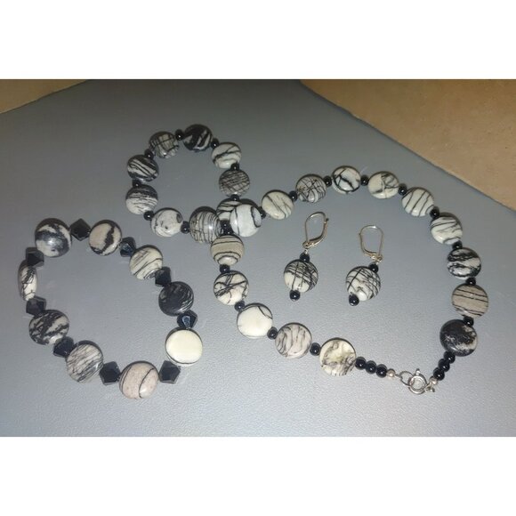 Spider Web Jasper Tourmaline Jewelry Set Black White Beaded Necklace Bracelet an - Picture 3 of 13